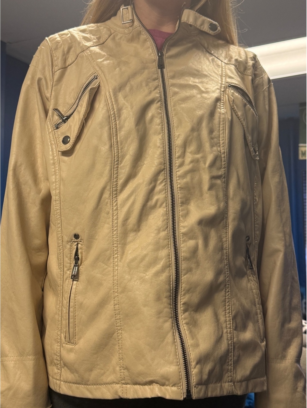 JouJou Faux Leather Moto Biker Jacket Womens XL Cream Full Zip Belted Collar